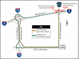 Detour map for closure of westbound I-4 exit and entrance ramps at CR 579
