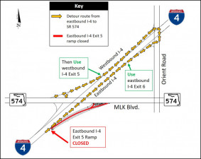 Detour map for closure of eastbound I-4 Exit 5 to SR 574