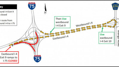 Detour map for closure of eastbound I-4 ramps onto I-75