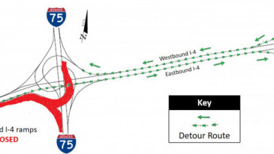 Detour Map for Closure of Eastbound I-4 Ramps to I-75