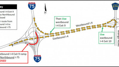 Detour map for closure of eastbound I-4 ramp onto northbound I-75