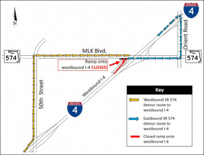 Detour map for closure of SR 574 (MLK Blvd.) entrance ramp onto westbound I-4.