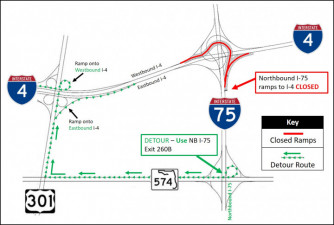 Detour map for closure of northbound I-75 ramps onto I-4