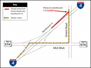 Detour map for closure of Orient Road entrance ramp onto westbound I-4.