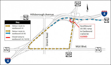 Detour map for closure of southbound US 301 ramp to eastbound I-4 / US 92