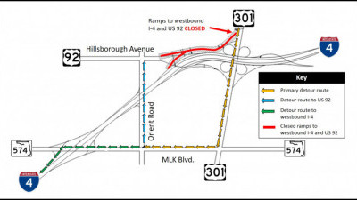 Detour map for closure of the southbound US 301 ramps to westbound I-4 and US 92