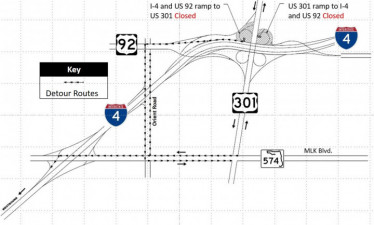 Detour map for closure of the I-4 / US 92 "loop" ramps to/from US 301