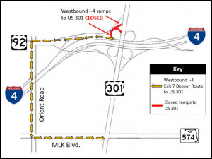 Detour map for closure of westbound I-4 exit  ramps to US 301