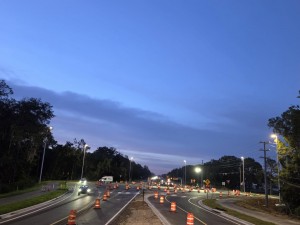 The new roundabout is opened in a single-lane configuration at US 98 and Big Cypress Boulevard (6-18-2026 photo)