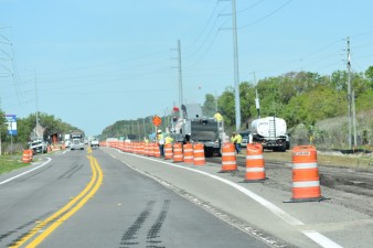 Be alert to new roadway alignments and workers, such as here at the US 98 / CR 54 intersection (3-14-2025 photo)