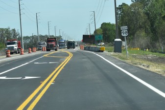 Looking south on US 98 - just south of CR 54 - at heavy traffic and traffic shifts (3-14-2025 photo)