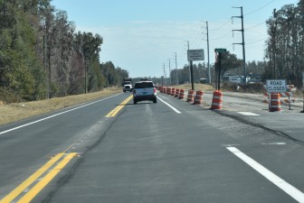 Traffic on new pavement at Keen Road while the other side of the US 98 corridor is rebuilt (2-5-2026 photo)