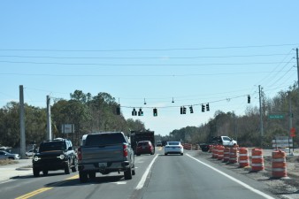 Looking south on US 98 at Rock Ridge Road where traffic has been shifted to new pavement on the east side (2-5-2026 photo)