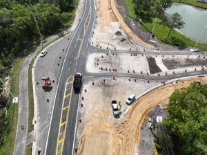 Looking south over US 98 at roundabout construction at Big Cypress Boulevard (4-2-2026 photo)