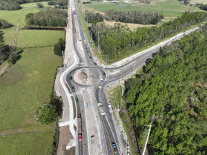 Looking northwest over US 98 at the new roundabout at SR 471 (10-28-2026 photo)
