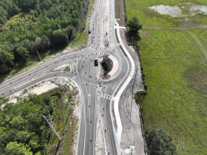 Looking southeast over US 98 at the new roundabout at SR 471 (10-28-2026 photo)