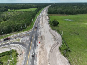 Looking southeast over US 98 at roundabout construction at SR 471 (6-29-2026 photo)