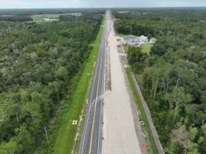 Looking southeast over US 98 at base work for the new southbound lanes, north of Lakeland Acres Road (7-31-2026 photo)