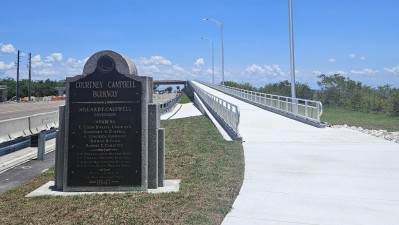 Relocation of historic Courtney Campbell Parkway sign from 1947 (May 2026 photo)