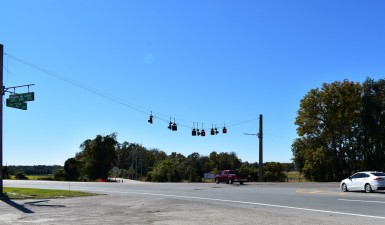 Looking southeast at US 98 and CR 491 on the first day of roundabout construction (11/16/2021 photo)