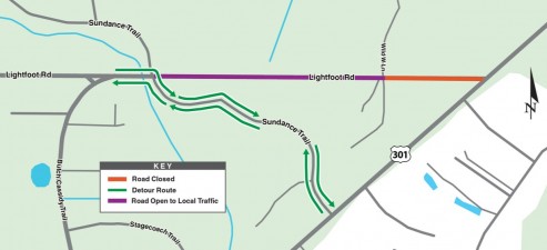 Detour map showing Lightfoot Road closed to the west of US 301 from 9 p.m. Sunday, May 3 to 6 am Tuesday, May 5.