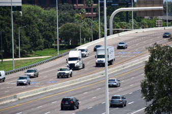 Traffic on northbound I-275 flows smoothly with the addition of new lanes (darker pavement to the right) east of SR 60.  (August 7, 2020 photo)
