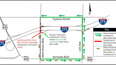 Detour map for closure of northbound West Shore Blvd.