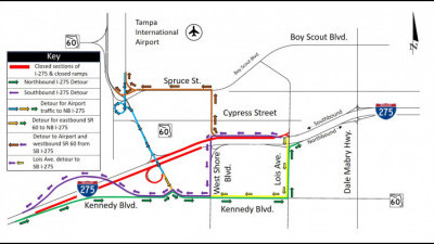 Detour map for closure of I-275 in both directions in the Westshore area