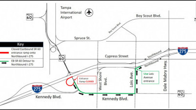 Detour for closure of eastbound SR 60 entrance ramp onto northbound I-275