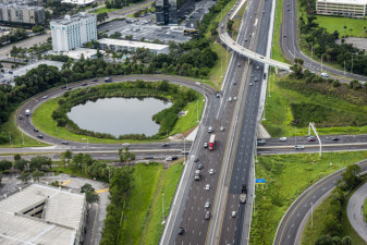 Looking west over I-275 at SR 60.  Additional lanes have been added to allow both lanes from the eastbound SR 60 "loop" ramp to enter onto northbound I-275 without having to merge into through-traffic.  (August 17, 2020 photo)