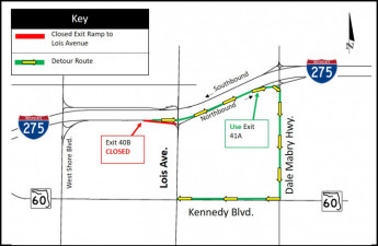 Detour map for closure of northbound I-275 Exit 40B to Lois Ave.