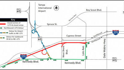 Detour map for closure of northbound -275 from SR 60 to Lois Avenue