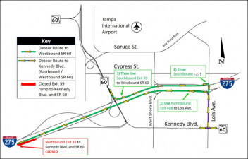 Detour map for closure of Northbound I-275 exit ramp to SR 60/Kennedy Blvd.