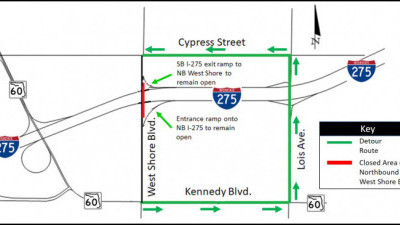 Detour Map for closure of Northbound West Shore Boulevard under I-275