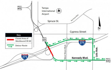 Map of detour route for closure of westbound SR 60 under I-275