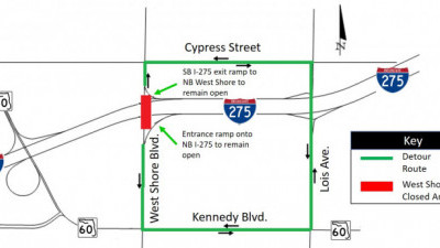 Detour Map for closure of West Shore Boulevard under I-275
