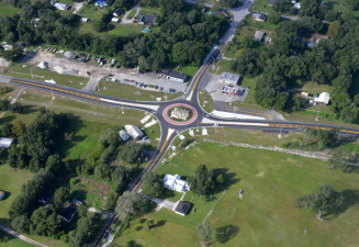 Looking west at the US 98 and Trilby Road roundabout (September 24, 2020 photo)