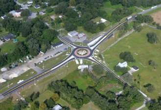 Looking northwest at the US 98 and Trilby Road roundabout (September 24, 2020 photo)