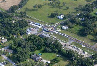 Looking northeast at the US 98 and Trilby Road roundabout (September 24, 2020 photo)