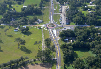 Looking south at the US 98 and Trilby Road roundabout (September 24, 2020 photo)