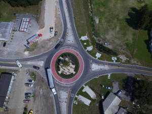 A close aerial view of the new roundabout construction at US 98 and Trilby Road. (August 14, 2020 photo)