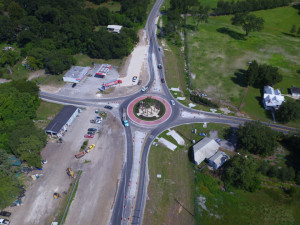 Aerial view of the new roundabout construction at US 98 and Trilby Road. (August 14, 2020 photo)