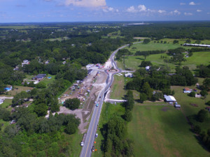 Aerial view looking north at the new roundabout construction at US 98 and Trilby Road. (August 14, 2020 photo)