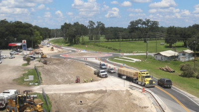 The roundabout at US 98 and Trilby Road opened August 7, 2020. Here's a view of the intersection and continuing construction. (8/10/2020 photo)