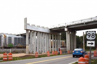 Looking southwest at bridge construction for US 98 over Old Lakeland Highway and the railroad tracks (4-28-2026 photo)