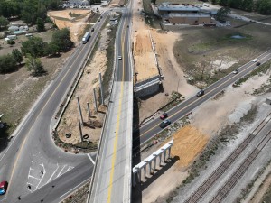 Looking north over US 98 at bridge construction over Old Lakeland Highway and the railroad tracks (4-30-2026 photo)