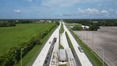 SR 60 looking west before SR 39 intersection showing new concrete travel lanes (Photo August 2026)