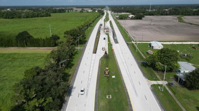 SR 60 looking west before SR 39 intersection showing new concrete travel lanes (Photo August 2026)