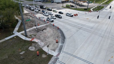 SR 60 at SR 39 looking down at intersection showing new concrete travel lanes  (Photo March 2026)