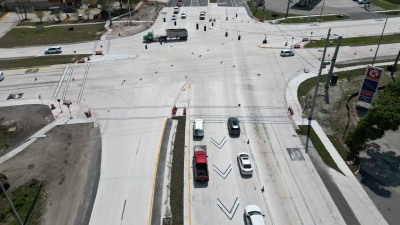 SR 60 at SR 39 looking down at intersection showing new concrete travel lanes (Photo March 2026)